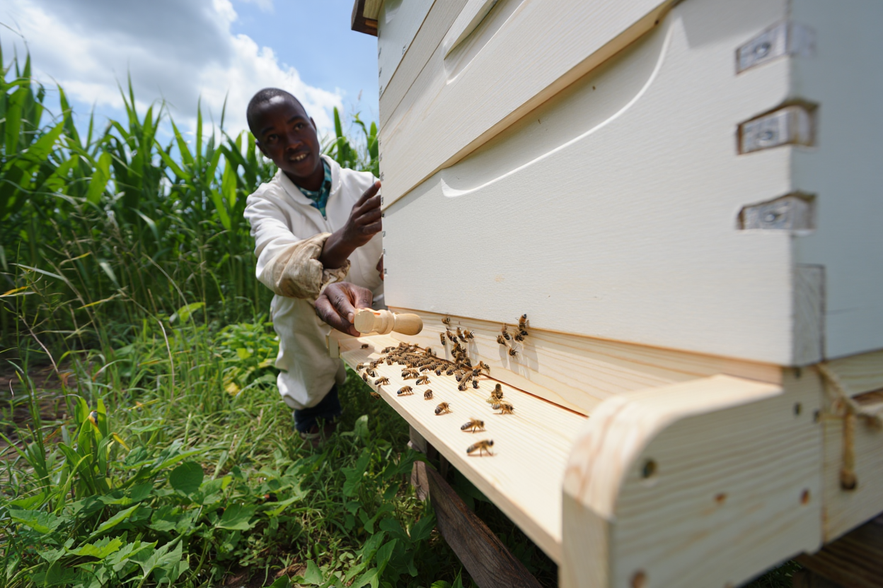 Langstroth beehive in kenya showing a beekeeper looking proudly as his bees as working to get him some honey