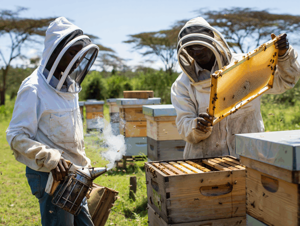 Group of Kenyan beekeepers tending hives in a natural rural area, representing sustainable practices used for Kenyan organic honey.
