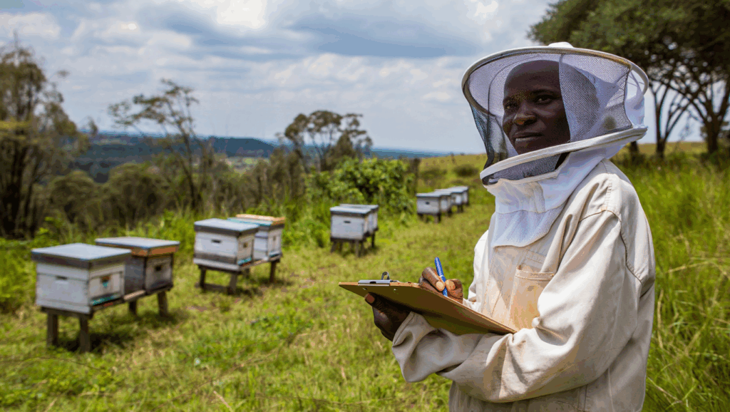 Kenyan beekeeper and inspector examining hives in a natural environment, illustrating the certification process for organic honey in Kenya.