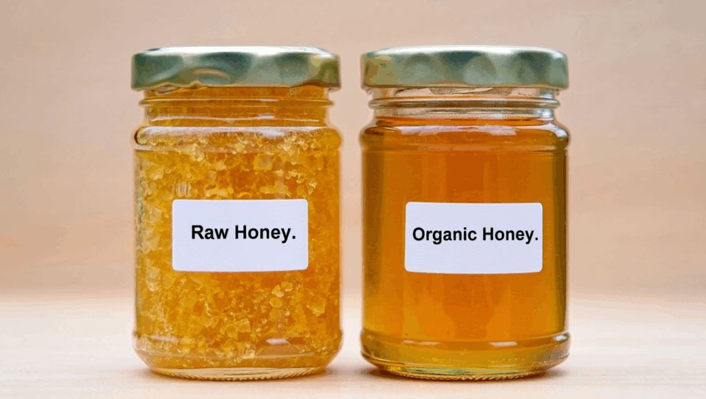 Side-by-side jars showing raw crystallized honey and smooth organic honey to explain differences for Kenyan natural honey shoppers.