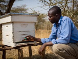 Kenyan beekeeper applying bee swarm lure to empty Langstroth hive entrance