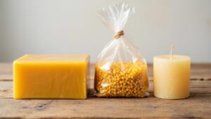 Display of 1kg beeswax blocks and pellets in clear packaging showing different forms of processed beeswax products