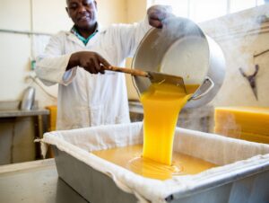 Kenyan beekeeper filtering molten beeswaxcin Kenya into stainless steel molds in a clean small-scale processing lab
