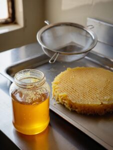 Jar of pressed honey showing slight cloudiness from wax particles alongside compressed beeswax cake after honey pressing in Kenyan apiary