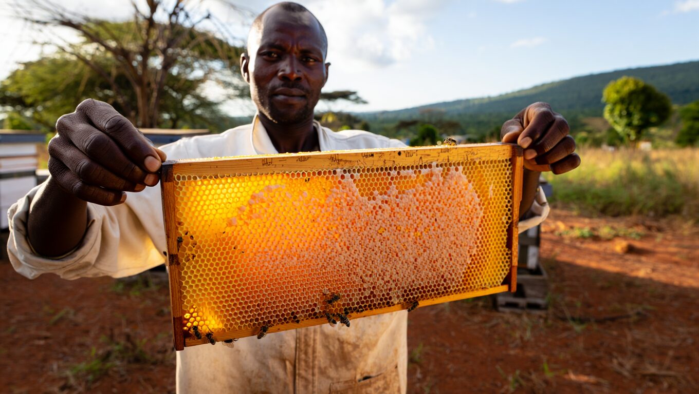 Authentic Kenyan beekeeper inspecting wooden Langstroth beehive frame covered in honeycomb and brood at small-scale apiary.