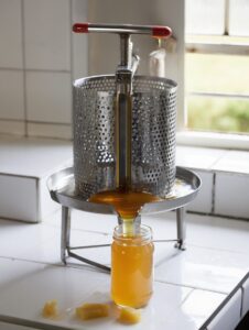 Stainless steel manual honey press machine extracting honey from crushed comb in a Kenyan beekeeping facility, showing honey dripping into collection container