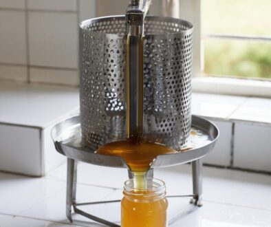 Stainless steel manual honey press machine extracting honey from crushed comb in a Kenyan beekeeping facility, showing honey dripping into collection container