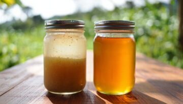 Split comparison showing two mason jars side by side on wooden surface. Left jar contains raw honey with cloudy, opaque appearance and visible fine particles settling at bottom. Right jar shows clear, transparent processed honey with uniform golden color