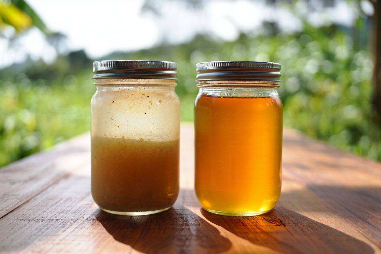 Split comparison showing two mason jars side by side on wooden surface. Left jar contains raw honey with cloudy, opaque appearance and visible fine particles settling at bottom. Right jar shows clear, transparent processed honey with uniform golden color